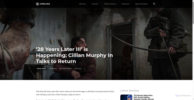 Security scan screenshot of https://www.cinelinx.com/movie-news/28-years-later-iii-is-happening-cillian-murphy-in-talks-to-return/