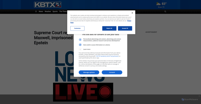 Security scan screenshot of https://www.kbtx.com/2025/10/06/supreme-court-rejects-appeal-ghislaine-maxwell-imprisoned-former-girlfriend-jeffrey-epstein/