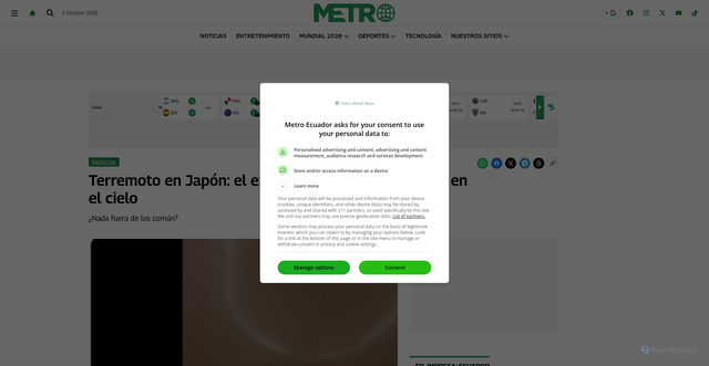 Security scan screenshot of https://www.metroecuador.com.ec/noticias/2022/03/16/terremoto-en-japon-el-extrano-circulo-que-aparecio-en-el-cielo/