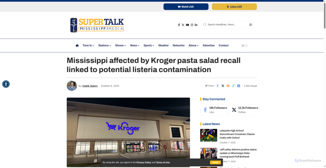 Security scan screenshot of https://www.supertalk.fm/mississippi-affected-by-kroger-deli-pasta-salad-recall-linked-to-potential-listeria-contamination/