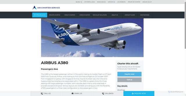 Security scan screenshot of https://www.aircharterservice.com/aircraft-guide/group/airbus-europe/airbusa380