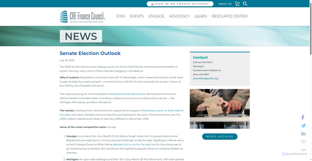 Security scan screenshot of https://www.crefc.org/cre/cre/content/News/Items/advocacy-items/Senate_Election_Outlook.aspx