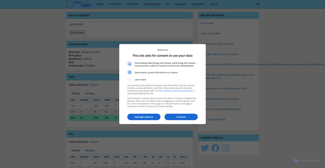 Security scan screenshot of https://cricmetric.com/sage/?q=jacob+bethell