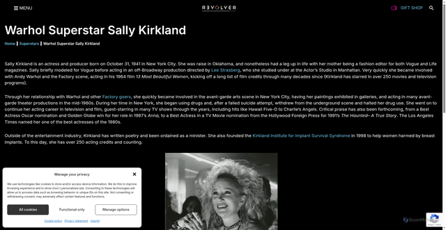 Security scan screenshot of https://revolverwarholgallery.com/superstars/sally-kirkland/