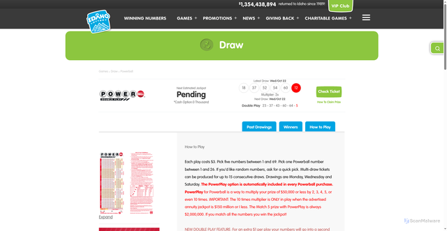 Security scan screenshot of https://www.idaholottery.com/games/draw/powerball