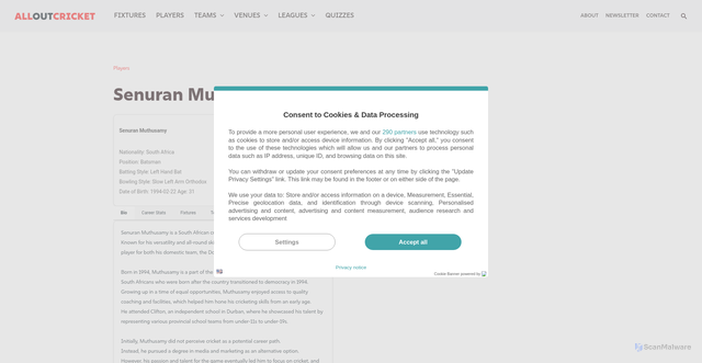 Security scan screenshot of https://alloutcricket.com/player/senuran-muthusamy-6038/