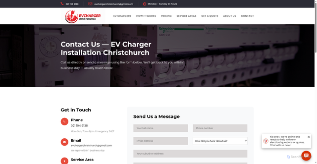 Security scan screenshot of https://evchargerchristchurch.co.nz/ev-charger-installation-contact-christchurch