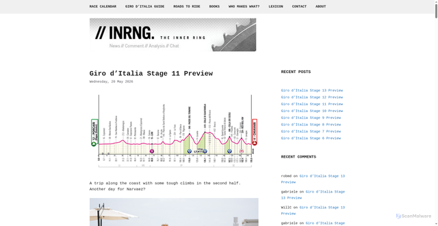 Security scan screenshot of https://inrng.com/2026/05/giro-stage-11-preview-chiavari/