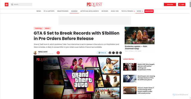 Security scan screenshot of https://www.pcquest.com/gaming/gta-6-set-to-break-records-with-1billion-in-pre-orders-before-release-8585460
