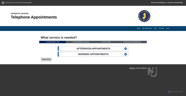 Security scan screenshot of https://telegov.njportal.com/njtaxation/AppointmentWizard