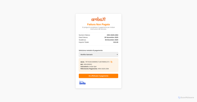 Security scan screenshot of https://aruba-clienti.com/main/unpaid.html