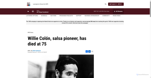 Security scan screenshot of https://www.weku.org/npr-news/2026-02-21/willie-colon-salsa-pioneer-has-died-at-75