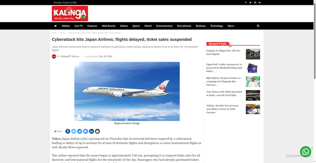 Security scan screenshot of https://kalingatv.com/world/cyberattack-hits-japan-airlines-flights-delayed-ticket-sales-suspended/