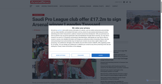 Security scan screenshot of https://arsenalnews.co.uk/2026/06/23/saudi-pro-league-club-offer-17-2m-to-sign-arsenal-winger-leandro-trossard/