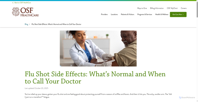 Security scan screenshot of https://www.osfhealthcare.org/blog/flu-shot-side-effects-whats-normal-and-when-to-call-your-doctor