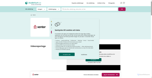 Security scan screenshot of https://www.studentum.se/skola/xenter-yrkeshogskola/?categoryId=4830#Educations
