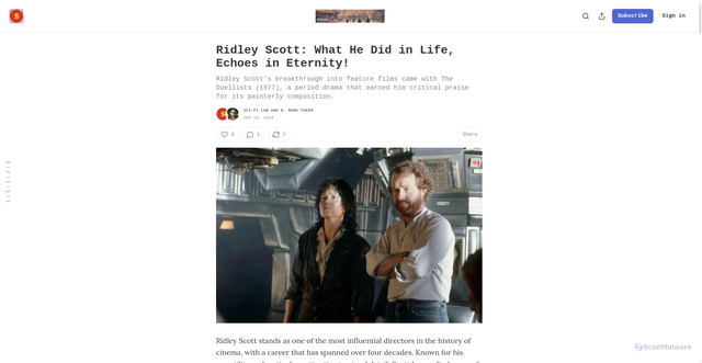 Security scan screenshot of https://scifilab.substack.com/p/ridley-scott-what-he-did-in-life