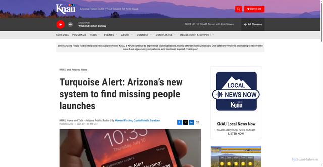 Security scan screenshot of https://www.knau.org/knau-and-arizona-news/2025-07-11/turquoise-alert-arizonas-new-system-to-find-missing-people-launches