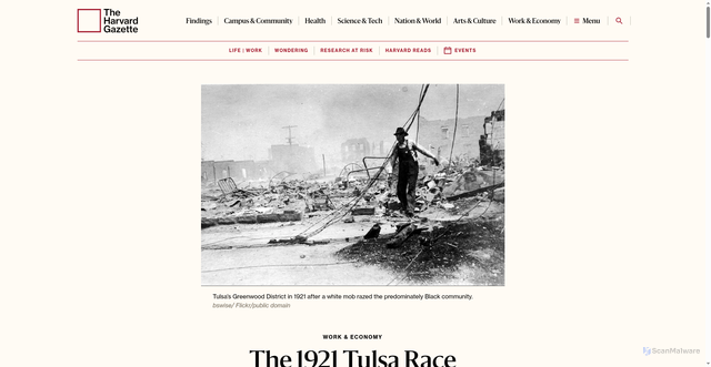 Security scan screenshot of https://news.harvard.edu/gazette/story/2020/06/the-1921-tulsa-race-massacre-and-its-enduring-financial-fallout/