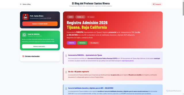 Security scan screenshot of https://blogdesantosrivera.pages.dev/entries/registro-admision-2026-tijuana