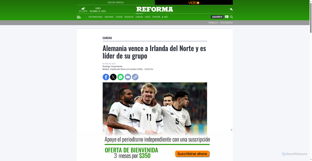 Security scan screenshot of https://www.reforma.com/alemania-vence-a-irlanda-del-norte-y-es-lider-de-su-grupo/ar3088529