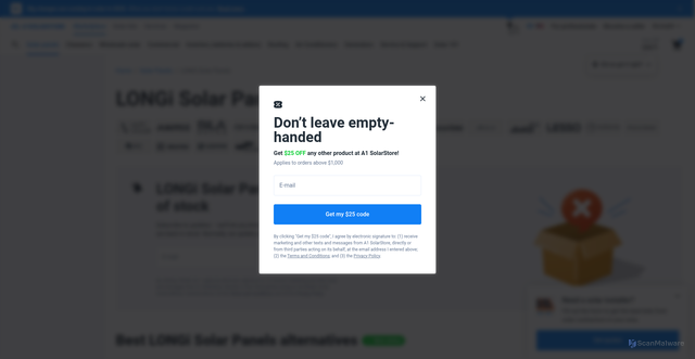 Security scan screenshot of https://a1solarstore.com/solar-panels/longi-solar-panels.html?srsltid=AfmBOor8fe470IFTEGrSzd_jsFXd9UOGoB5O-5IwsIqIiGXPx96cjFag