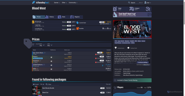 Security scan screenshot of https://isthereanydeal.com/game/blood-west/info/