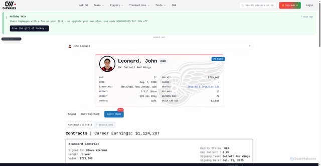 Security scan screenshot of https://capwages.com/players/john-leonard