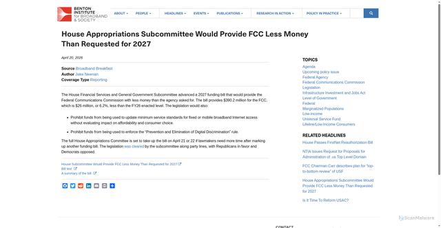 Security scan screenshot of https://www.benton.org/headlines/house-appropriations-subcommittee-would-provide-fcc-less-money-requested-2027
