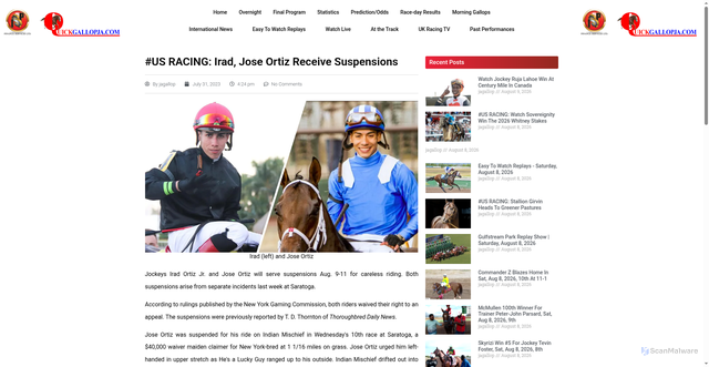Security scan screenshot of https://quickgallopja.com/us-racing-irad-jose-ortiz-receive-suspensions/