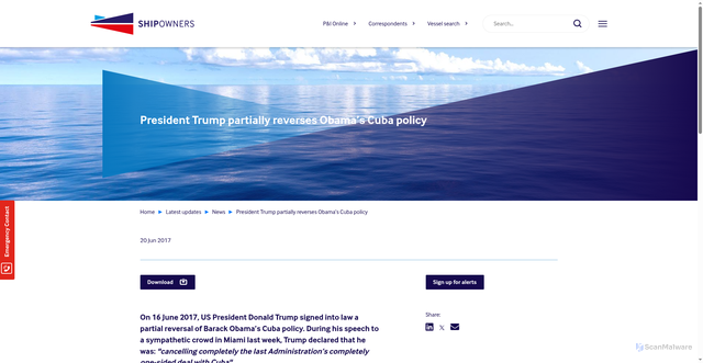 Security scan screenshot of https://www.shipownersclub.com/latest-updates/news/president-trump-partially-reverses-obamas-cuba-policy/