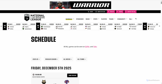 Security scan screenshot of https://www.nll.com/schedule/full-schedule/