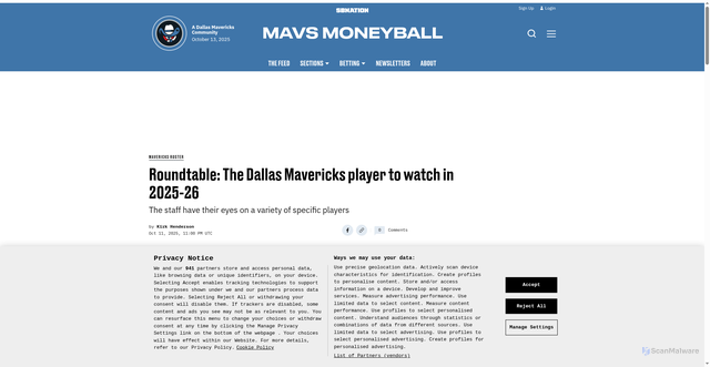 Security scan screenshot of https://www.mavsmoneyball.com/mavericks-roster/50886/roundtable-the-dallas-mavericks-player-to-watch-in-2025-26