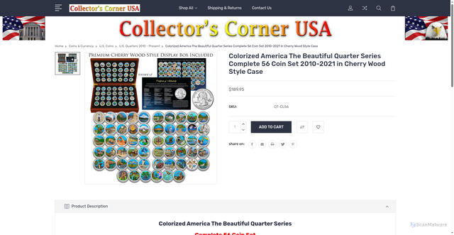 Security scan screenshot of https://collectorscornerusa.com/colorized-america-the-beautiful-quarter-series-complete-56-coin-set-2010-2021-in-cherry-wood-style-case/