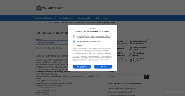 Security scan screenshot of https://socialsecurityofficesnearme.com/south-dakota/