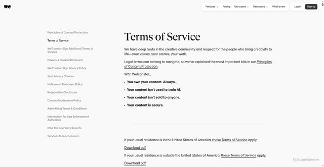 Security scan screenshot of https://wetransfer.com/explore/legal/terms?trk=TRN_TDL_01
