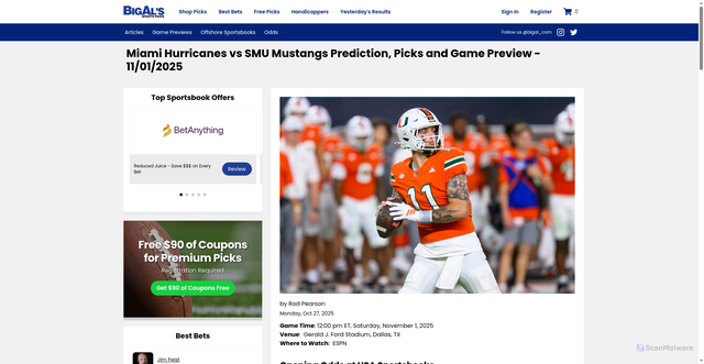 Security scan screenshot of https://www.bigal.com/articles/miami-hurricanes-vs-smu-mustangs-prediction-picks-and-game-preview-11-01-2025