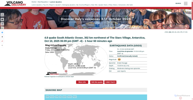 Security scan screenshot of https://www.volcanodiscovery.com/app/earthquakes/quake-info/22262299/mag4quake-Oct-10-2025-Antarctica-Drake-Passage.html