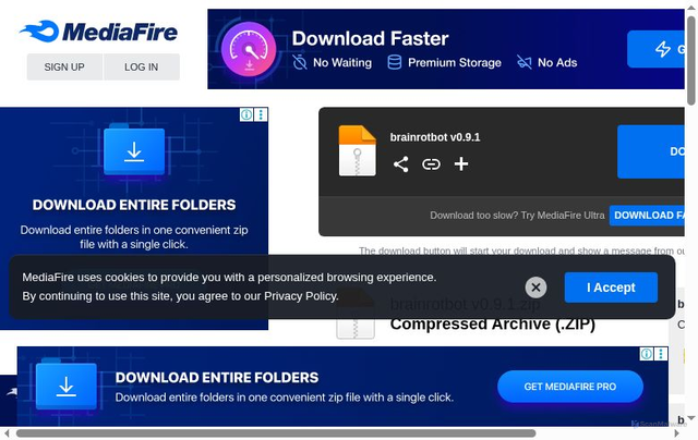 Security scan screenshot of https://www.mediafire.com/file/p6x23weqnuqql8a/brainrotbot_v0.9.1.zip/file