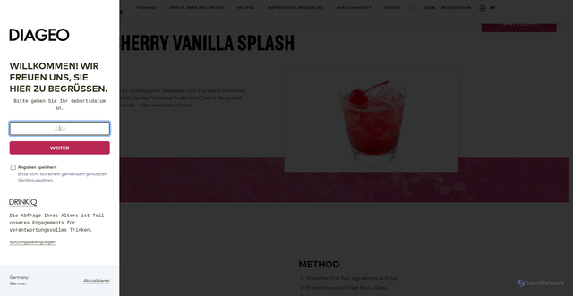 Security scan screenshot of https://www.diageobaracademy.com/en-zz/home/explore-all-recipes/cherry-vanilla-splash