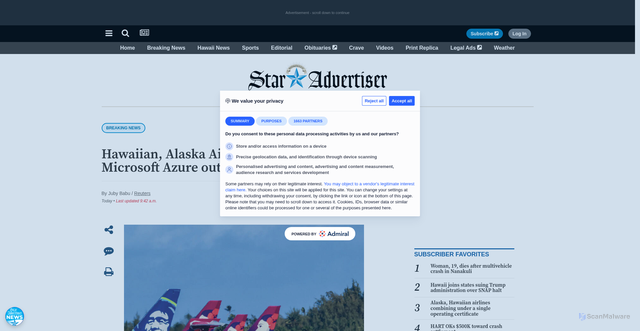 Security scan screenshot of https://www.staradvertiser.com/2025/10/29/breaking-news/hawaiian-alaska-airlines-hit-by-global-microsoft-azure-outage/
