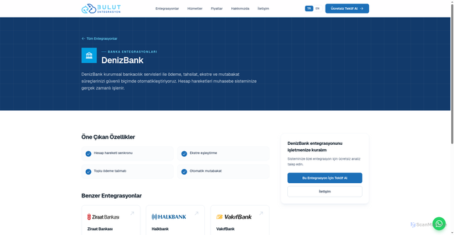 Security scan screenshot of http://bulutentegrasyon.com.tr/tr/entegrasyonlar/denizbank