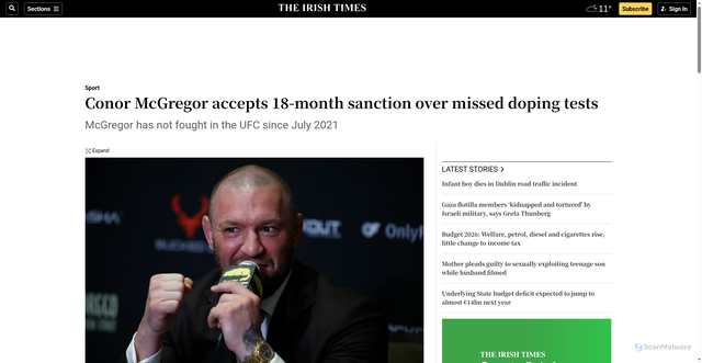 Security scan screenshot of https://www.irishtimes.com/sport/2025/10/07/conor-mcgregor-accepts-18-month-sanction-over-missed-doping-tests/
