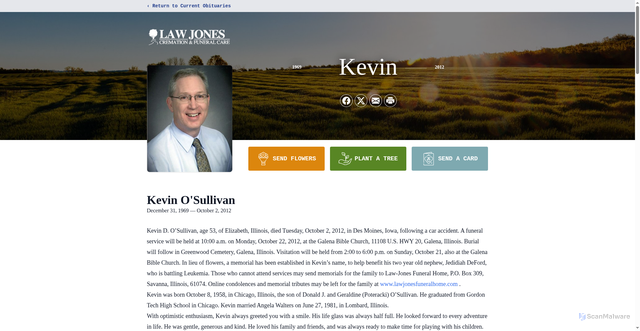 Security scan screenshot of https://www.lawjonesfuneralhome.com/obituaries/kevin-osullivan