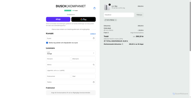 Security scan screenshot of https://duschkompaniet.se/checkouts/cn/hWNFpjsXiyEsvWJCGzJ8NgRi/sv-se?_r=AQABtfkEgCN9ZgjWwDJKtjXWViSYFgLzpnd470zp59su&auto_redirect=false&discount=SYS-TER10&edge_redirect=true&skip_shop_pay=true&_su_rec=dC0PRwBU7EfZ4K9Odq3m4iKUbcWb0D8KWiHGC0C2_5xp4GRb3rnchfb9qWoxqUOnIVfbXNxyGXxBgcPoHZ2jnAhZqdMesSKzvw6i2kWQexlXCpvADodJvKLcL2-gRDO_zGBzUDjfsf7FWkT4_mVgZ6SC0-tSHY4