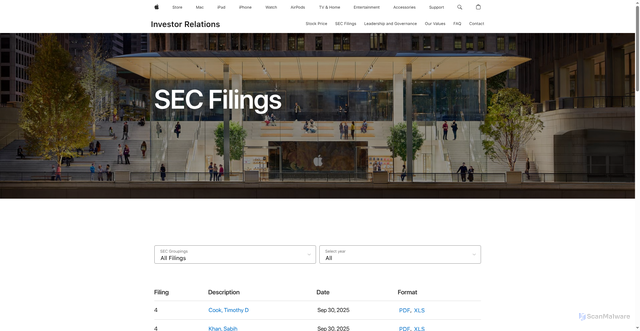 Security scan screenshot of https://investor.apple.com/sec-filings/default.aspx