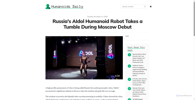 Security scan screenshot of https://www.humanoidsdaily.com/feed/russia-s-aidol-humanoid-robot-takes-a-tumble-during-moscow-debut