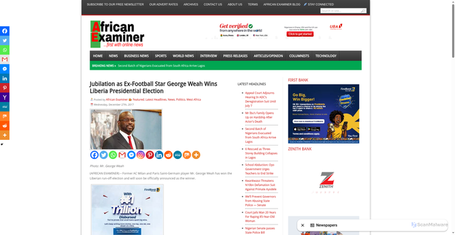 Security scan screenshot of https://www.africanexaminer.com/jubilation-as-ex-football-star-george-weah-wins-liberia-presidential-election/