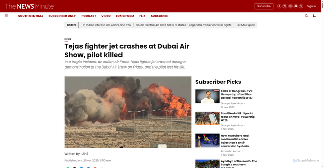 Security scan screenshot of https://www.thenewsminute.com/news/tejas-fighter-jet-crashes-at-dubai-air-show-pilot-killed