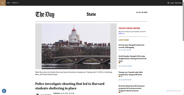 Security scan screenshot of https://theday.com/news/732570/police-investigate-shooting-that-led-to-harvard-students-sheltering-in-place/